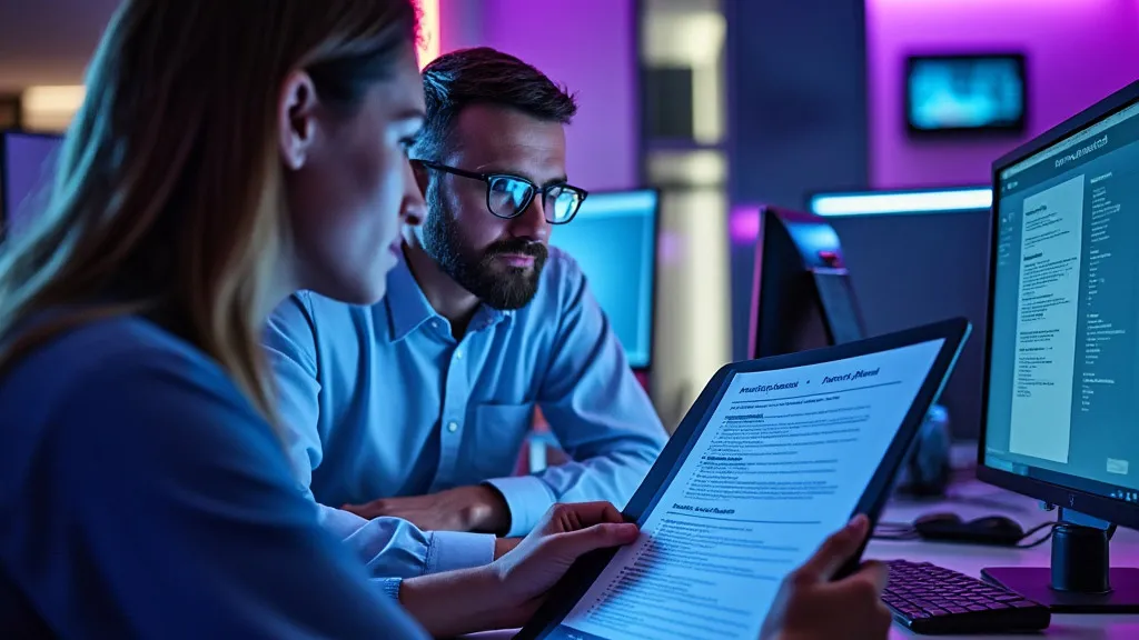 Two coworkers reviewing the structure of an effective instruction manual, highlighting key features and templates for user-friendly guides. Learn how to write instruction manuals with step-by-step guides, visual aids, and troubleshooting tips for software documentation and accessibility.