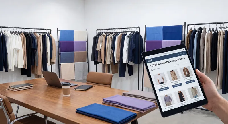 Wholesale fashion showroom with B2B ordering platform on tablet and clothing racks in background