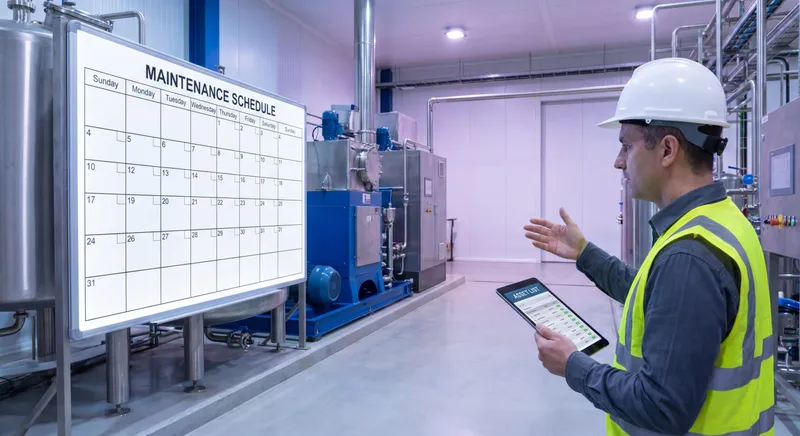 Maintenance manager building a preventive maintenance program with an asset list and schedule on a facility floor