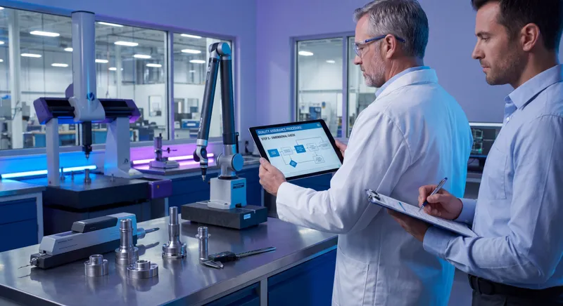 Quality assurance manager reviewing a documented quality assurance SOP during an internal audit on the production floor