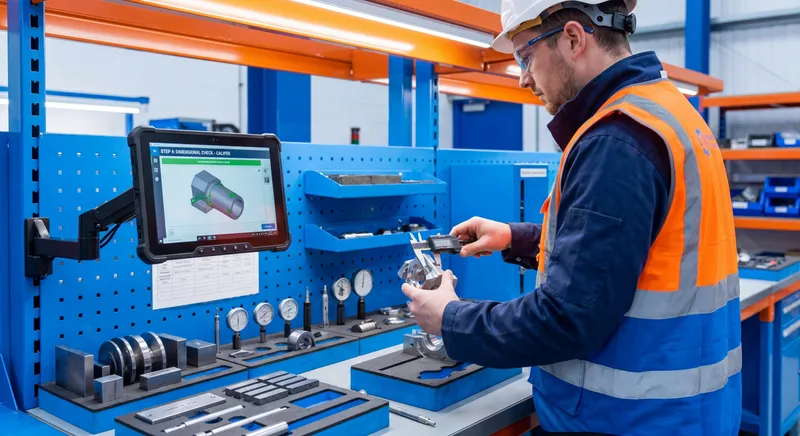 Quality control inspector checking parts at an inspection station while following documented quality control procedures