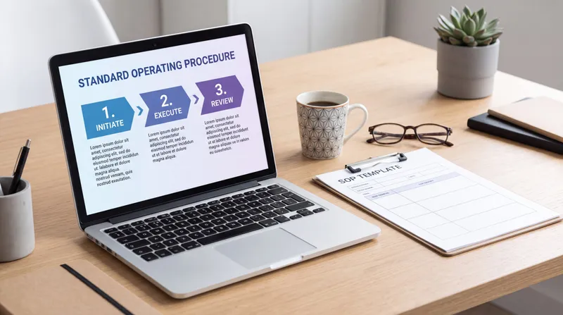 SOP example on a laptop showing a numbered standard operating procedure with a blank SOP template on the desk