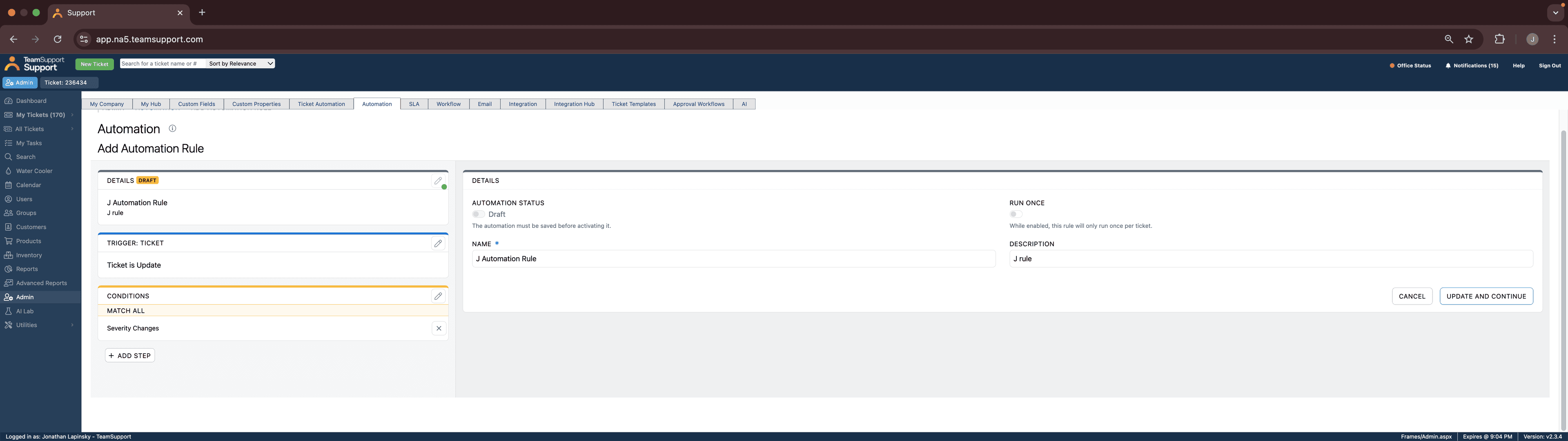 Step #1: Open an existing rule or create a new one. Under the "Details" section you will see an option for "Run Once"