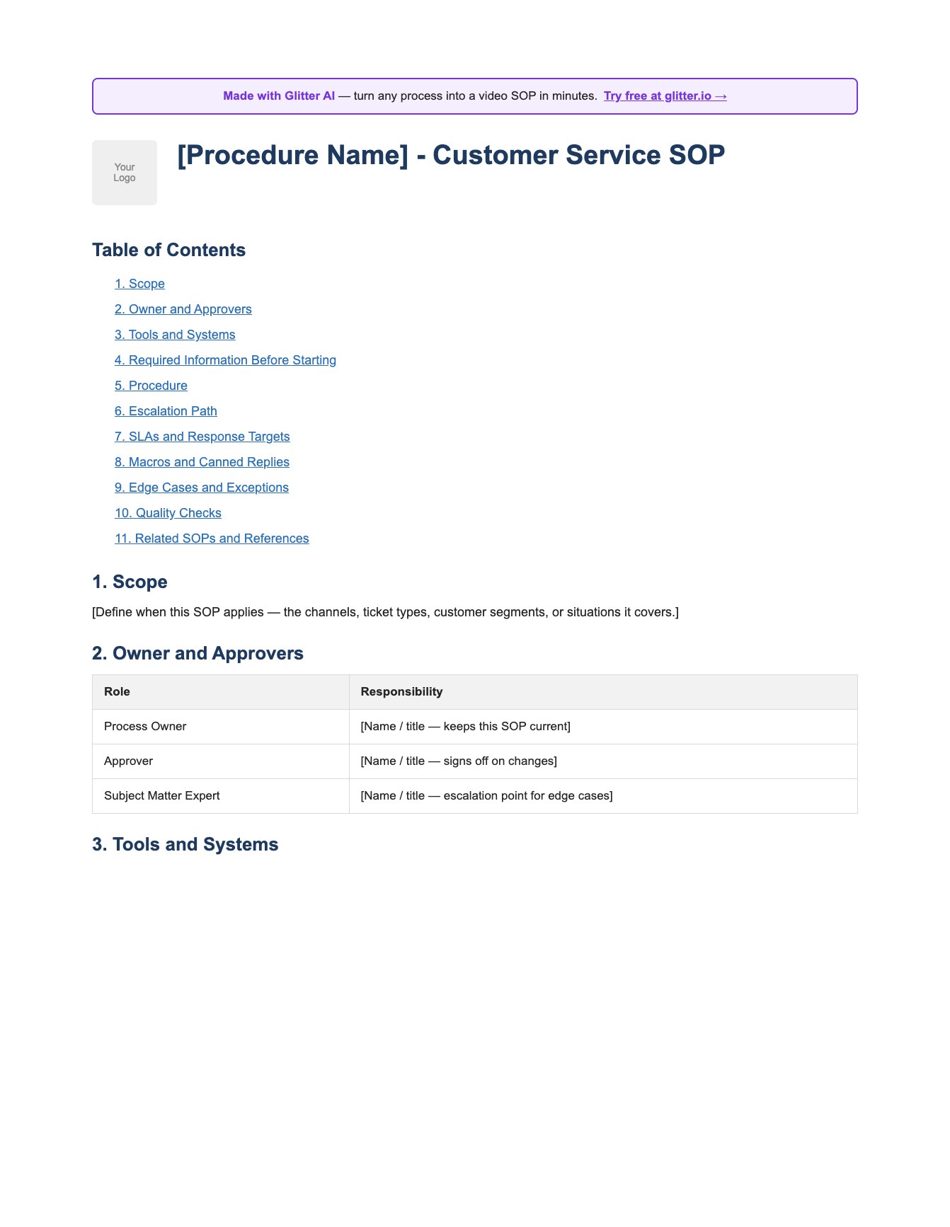 Customer service SOP template preview