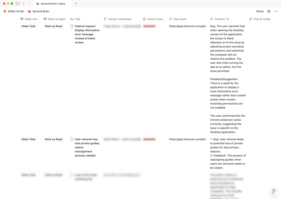 Table displaying incoming feature requests in the 'Second Brain' space in Notion, used for managing customer feedback, bug reports, and feature suggestions at Glitter AI.